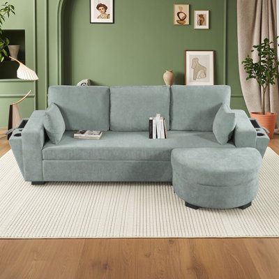 Canapé d'angle en L trois places avec pouf de rangement, port USB et porte-gobelets