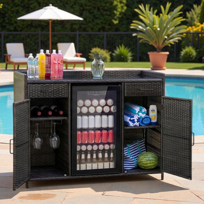 Outdoor Wicker Storage Cabinet With Black Tempered Glass Desktop, Fridge Space, 2 Glass Bottle Holders, 2 Large Drawers And Adjustable Shelves
