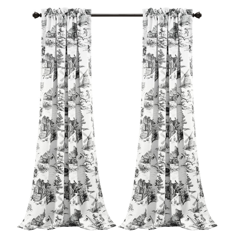 French Country Toile Room Darkening Curtain Pair, 52" W x 95" L, White/Black