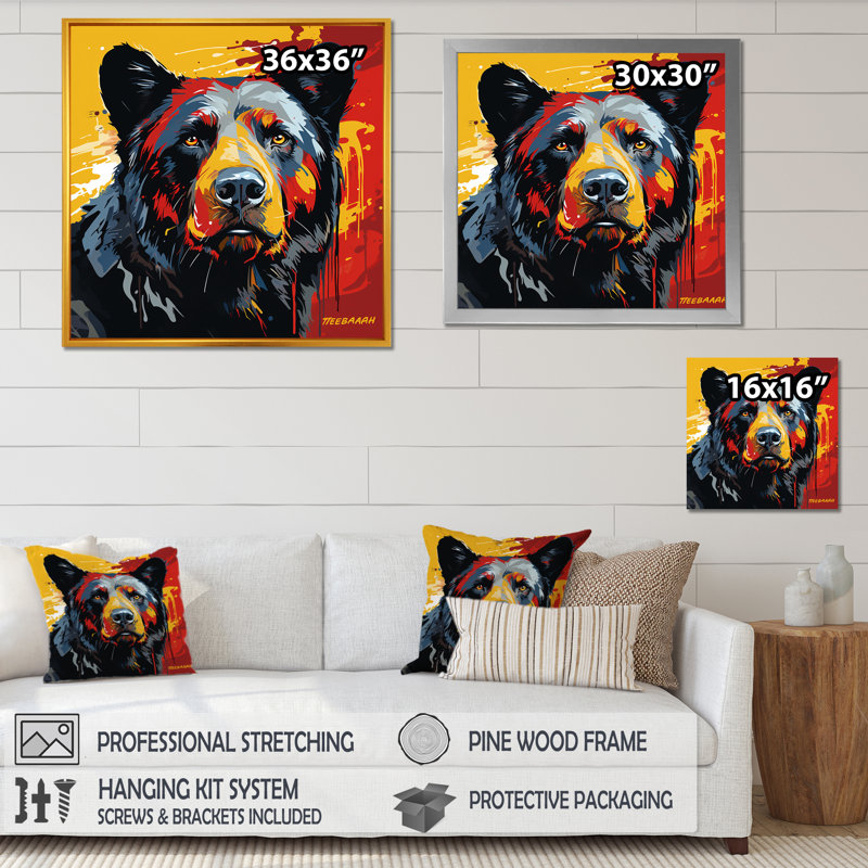Illustration abstraite d'ours coloré I - Ours 2, art mural, Cadre simple noir, H 30 po x l 30 po x P 1,5 po
