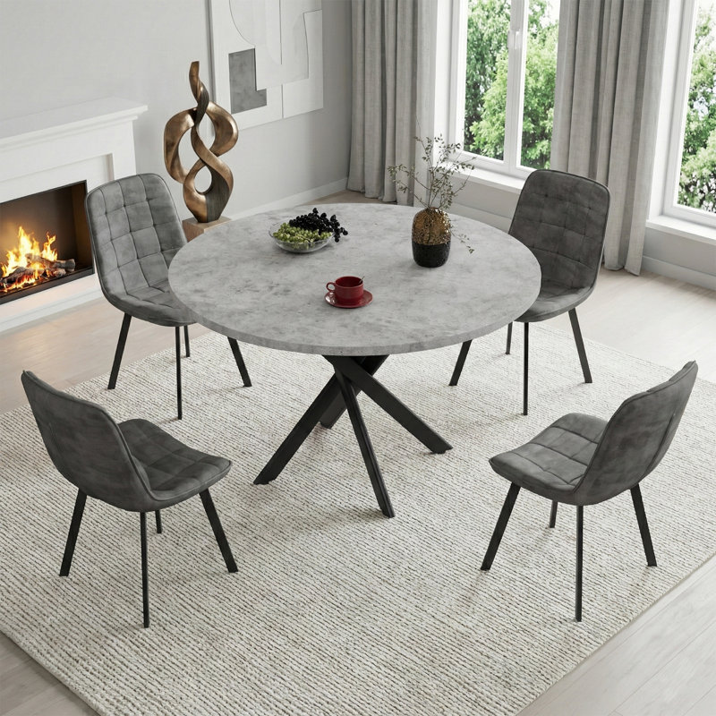 Round Dining Table Set for 4, Modern Kitchen Table with X-Shaped Legs and U-Shaped Cushioned Chairs, Wooden Dining Room Set for Kitchen and Dining Room (Gray Table with 4 Gray Chairs)