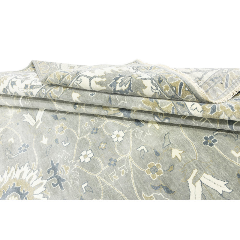 Floral Handmade Hand-Knotted Rectangle 11'10" x 14'10" Wool Area Rug in Cream