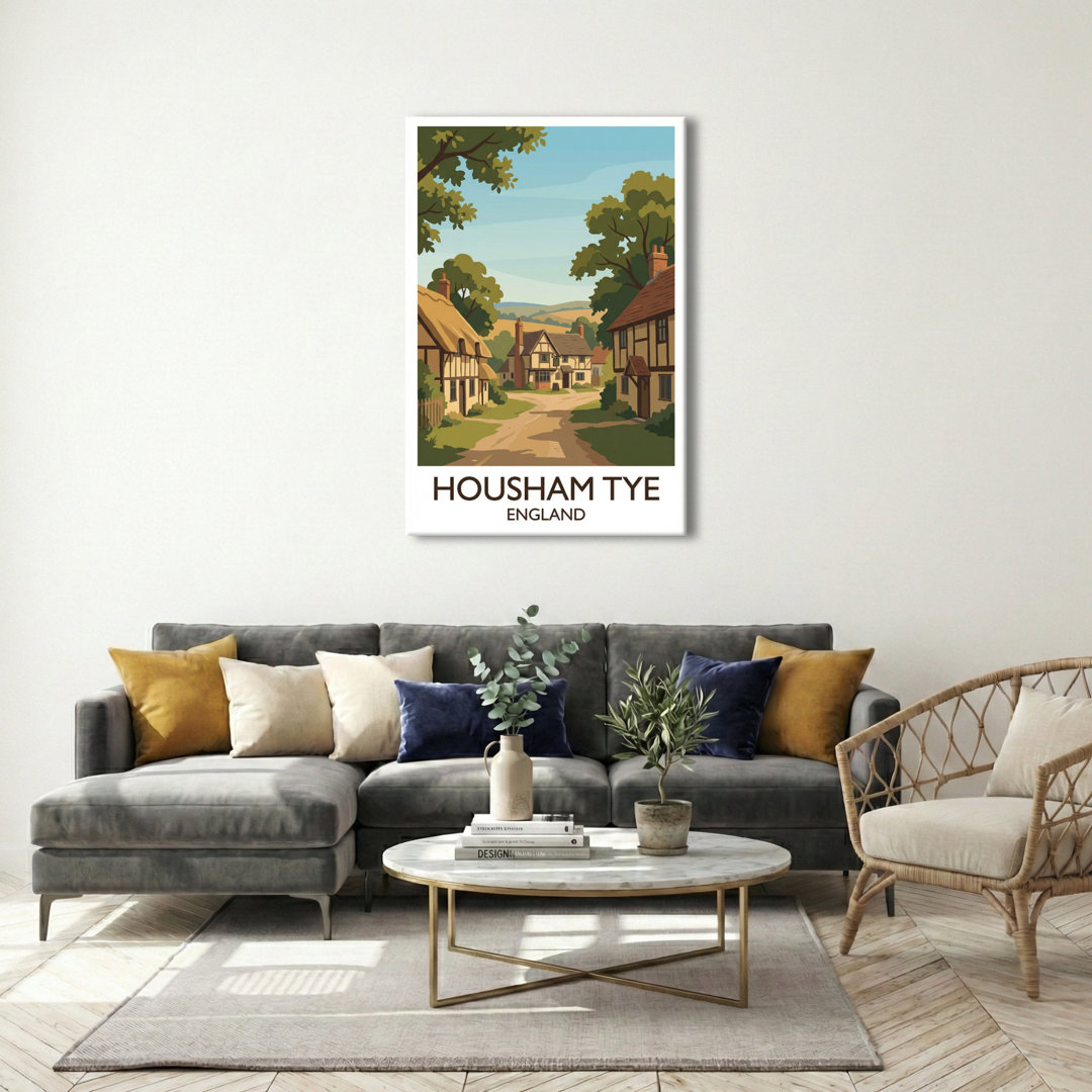 Housham Tye, England - Romantic Countryside Travel Poster | Thatched Cottages And Quiet Lanes. Giclee Print On Wrapped Canvas. Wall Art, Home Decor -