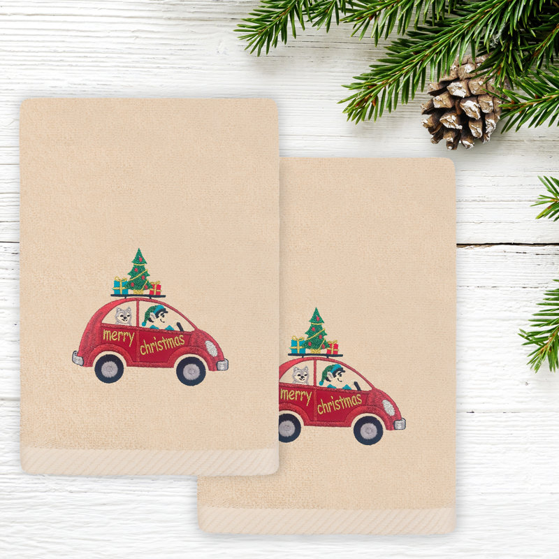 La voiture de Noël Holiday Aisle® - Essuie-mains brodés 100% coton de luxe (ensemble de 2), Sable