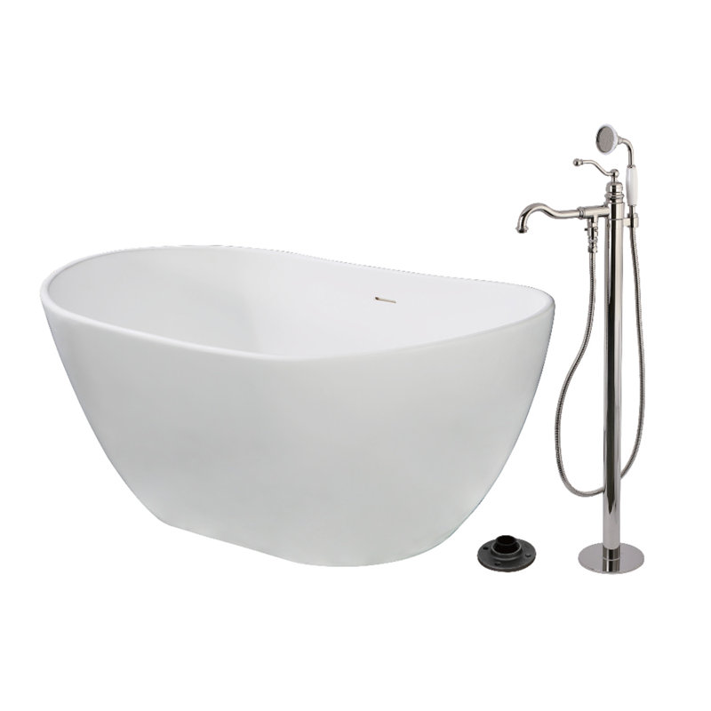 Kingston Brass Arcticstone 57-Inch Solid Surface Oval Double Slipper Freestanding Tub With Faucet Combo And Drain