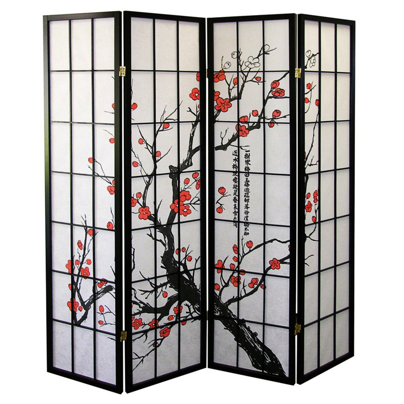 Paravent de 178 cm de haut avec finition noire et magnifiques silhouettes de fleurs de prunier - Apportez intimité, bonheur et chaleur à votre espace grâce à son cadre en bois.