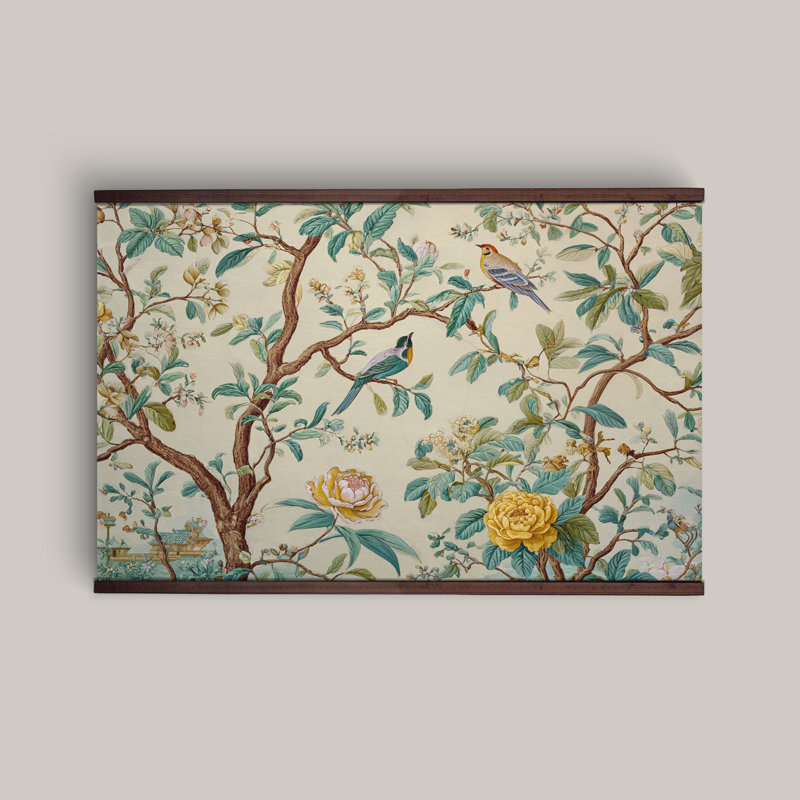 Très grande tapisserie «Chinoiserie Botanical Canvas» avec oiseaux et fleurs, H 32 po x l 48 po