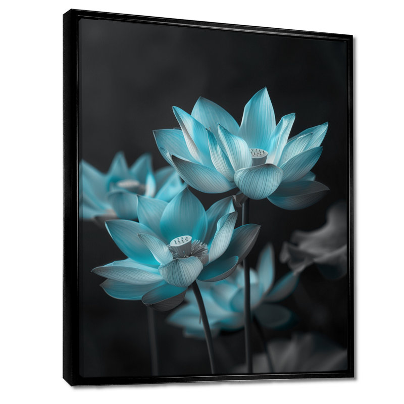 Art mural bleu Lotus rayonnant II - Lotus, Cadre flottant noir, H 34 po x l 44 po