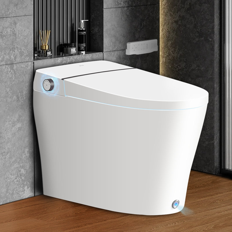 Bidet de toilette intelligent avec couvercle à ouverture / fermeture automatique, couvercle à coup de pied encastré, chasse occultante, siège ouvert à coup de pied, conception sans réservoir, toilette allongée une pièce moderne