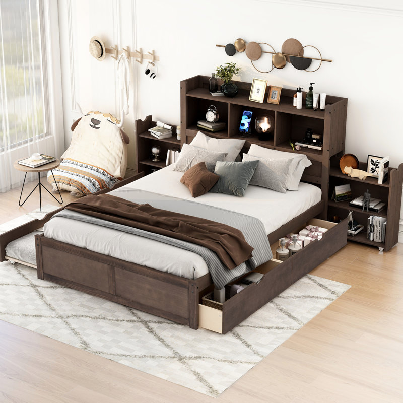 Lit double avec rangement, 2 tiroirs, lit gigogne simple et plateforme de rangement escamotable pratique, tablettes en bois massif