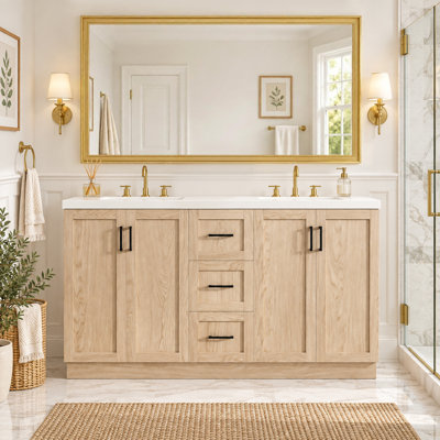 Ensemble de meuble-lavabo double autoportant 59 po avec lavabo SMC, 4 portes à fermeture douce, 3 tiroirs, armoire en bois aggloméré à grain de bois avec tablettes intérieures réglables 59 po