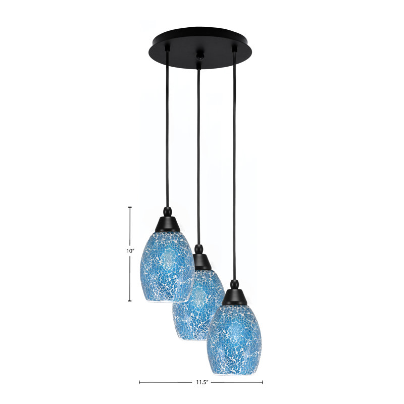 Array 3 Light Cord Hung Cluster Pendalier With 5" Turquoise Fusion Glass, Matte Black, 10" H x 11.5" W x 11.5" D