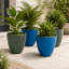 Ensemble de 4 pots à fleurs ronds effilés en résine synthétique moderne avec soucoupes et écrans de drainage, bleu foncé et vert foncé-2005305757-2020441380-2020441386