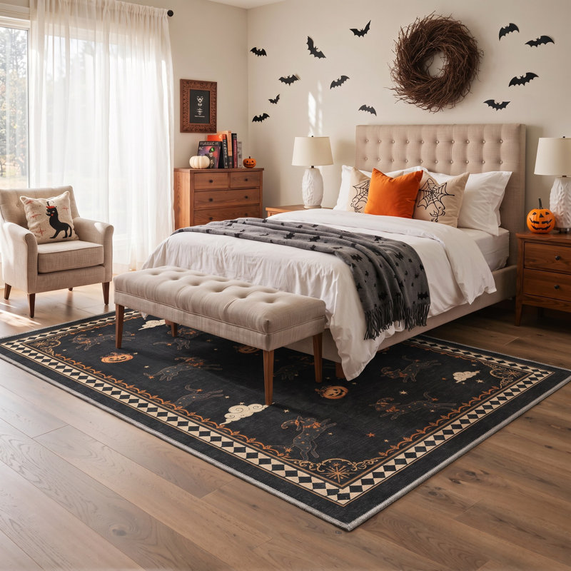 Tapis d'Halloween avec chat sorcière, noir et orange, lavable à la machine, à poils courts, antidérapant, Rectangle 8' x 10'