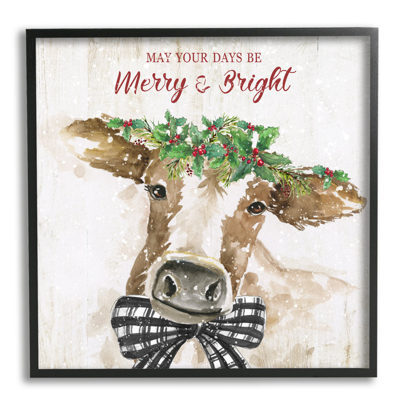 «Merry & Bright Holiday Bétail encadré sur bois» par Nan, impression, Giclée encadrée noir minuit, H 12 po x l 12 po