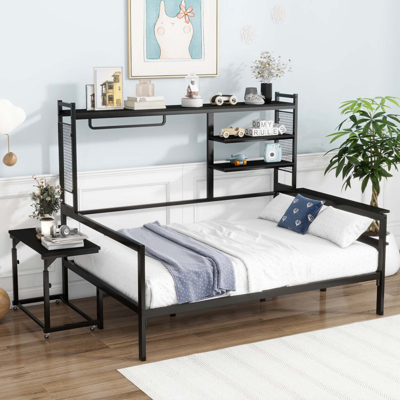 Lit de jour en métal avec bureau mobile, grille en métal, tablettes et cintre, Lit double, Noir