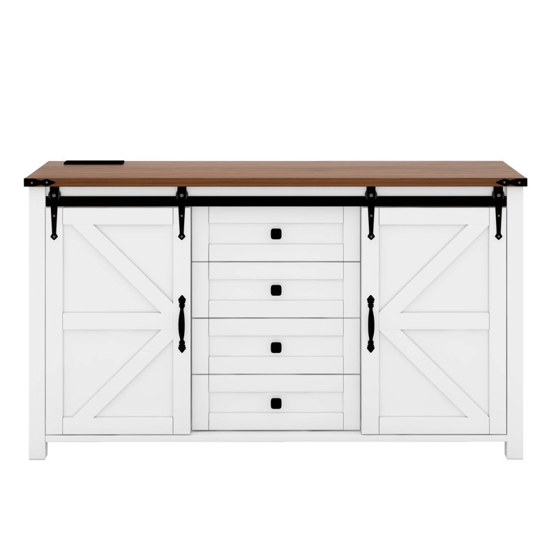 Buffet Farmhouse avec rangement, buffet avec tablettes et porte de grange coulissante