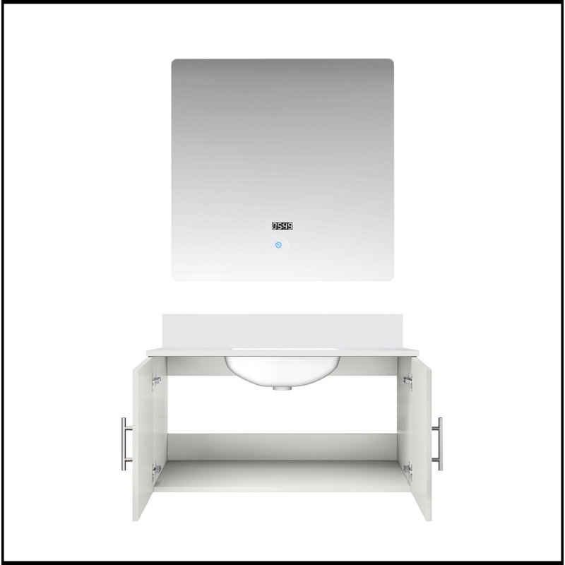 Meuble-lavabo gris foncé 36 po X P 22 po D, plateau en quartz blanc et Miroir à DEL, Blanc lustré