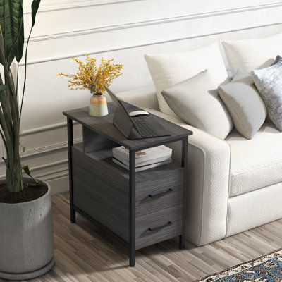 End Table with Charging Station, Narrow End Table with 2 Wooden Drawers by 17 Stories