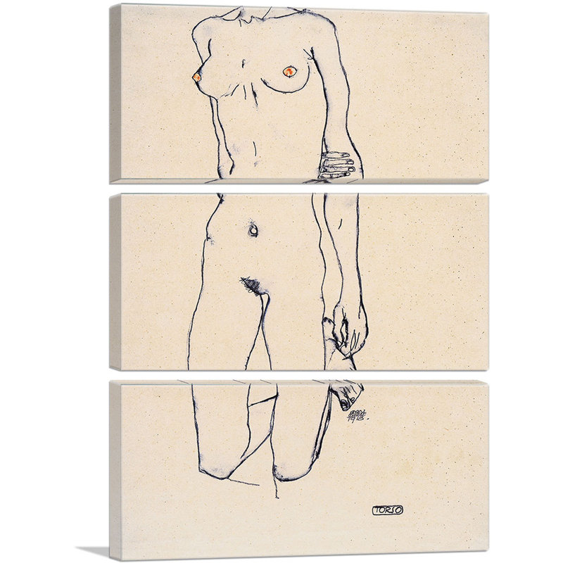 «Torse d'une agenouillée» par Egon Schiele - ensemble de 3 reproductions d'art sur toile tendue, H 60 po x l 40po x P 1,5 po