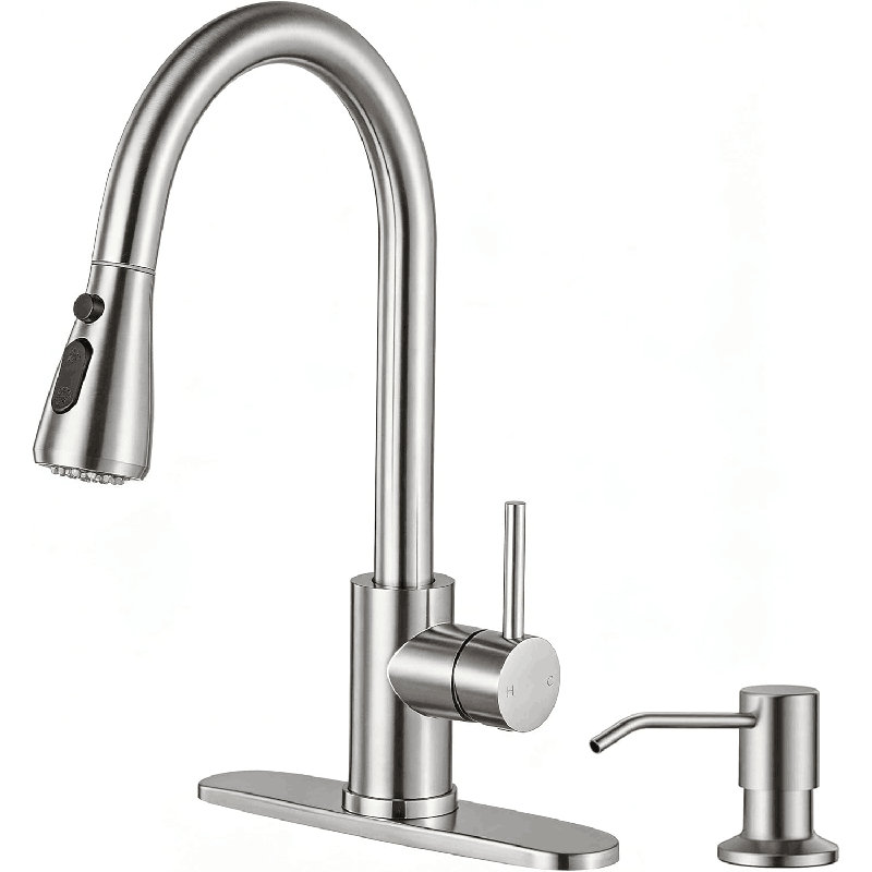Kitchen Faucet with Soap Dispenser 304 Stainless Steel Kitchen Sink Faucet with Pull Down Sprayer 3 Modes, Single Handle High Arc Mixer Taps for Sink RV Laundry, Bar
