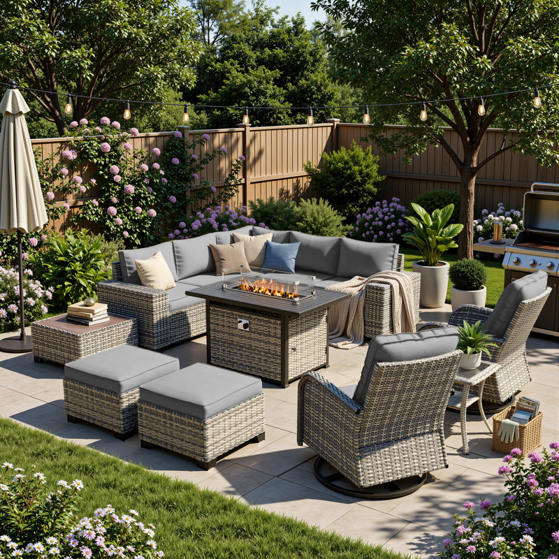12-Piece Outdoor Modular Sectional Patio Conversation Set With Fire Pit Table, Swivel Rocker Chairs & Ottomans, Gray