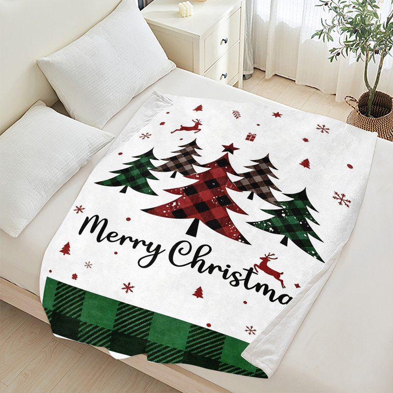 Plaid de Noël en flanelle polaire JYK, léger, respirant, doux et chaud en microfibre pelucheuse, 76 x 102 cm, motif sapins et rennes à carreaux