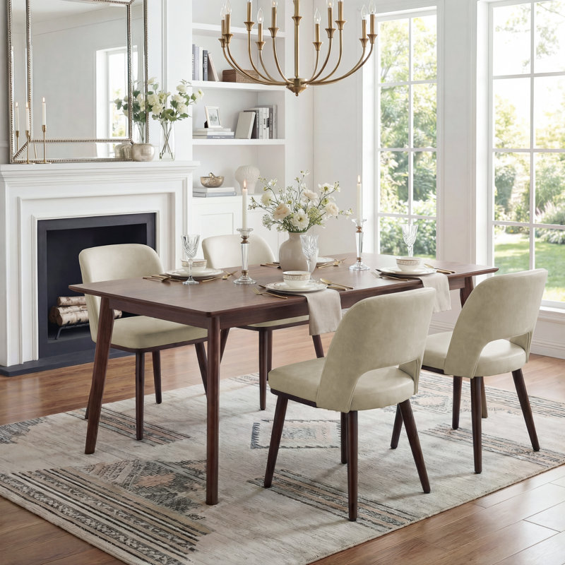 Mason Upholstered Faux Leather Side Dining Chair With Solid Wood Legs , 4, Beige