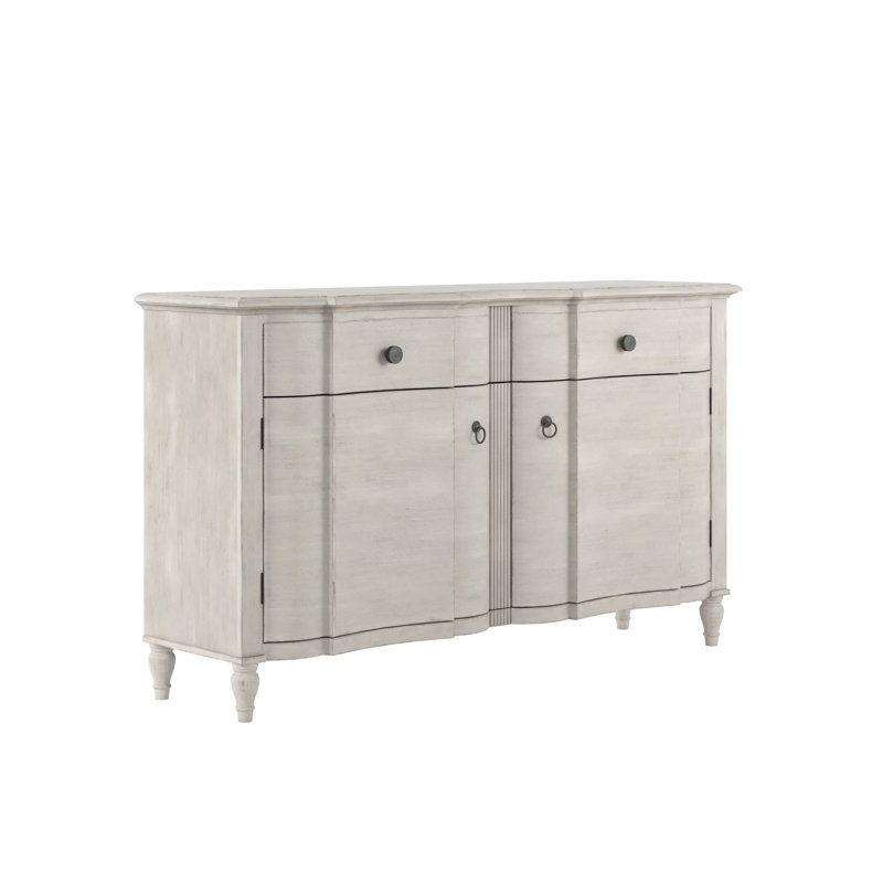 Ivory Wood Buffet with Brass Hardware and Reed Detailing