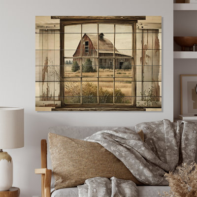 Window View To Farm II - Barn Farm Ranch Wood Wall Art Print