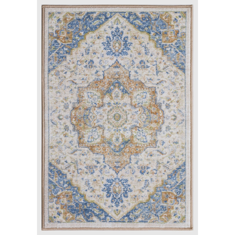 Lyanne Washable Non-Slip Medallion Blue Area Rug, Rectangle 2'2 x 3'3"
