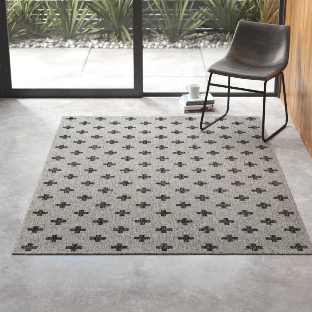 Umbria Striped Geometric Outdoor Rug, Rectangle 7'10" x 10'10", Gray/Black