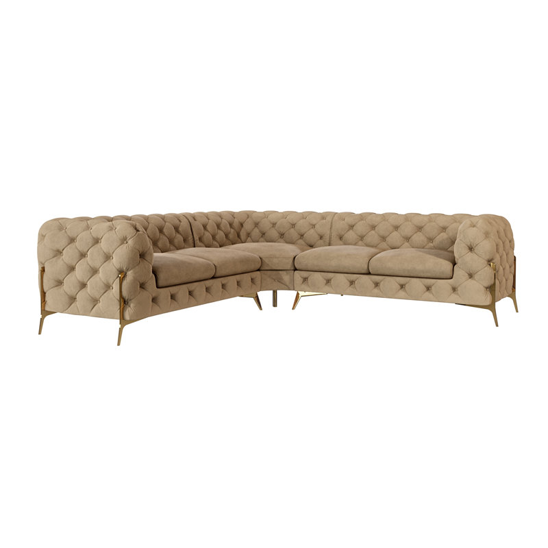 L-shape Corner Chesterfield Sofa  with Gold Metal Legs, Beige