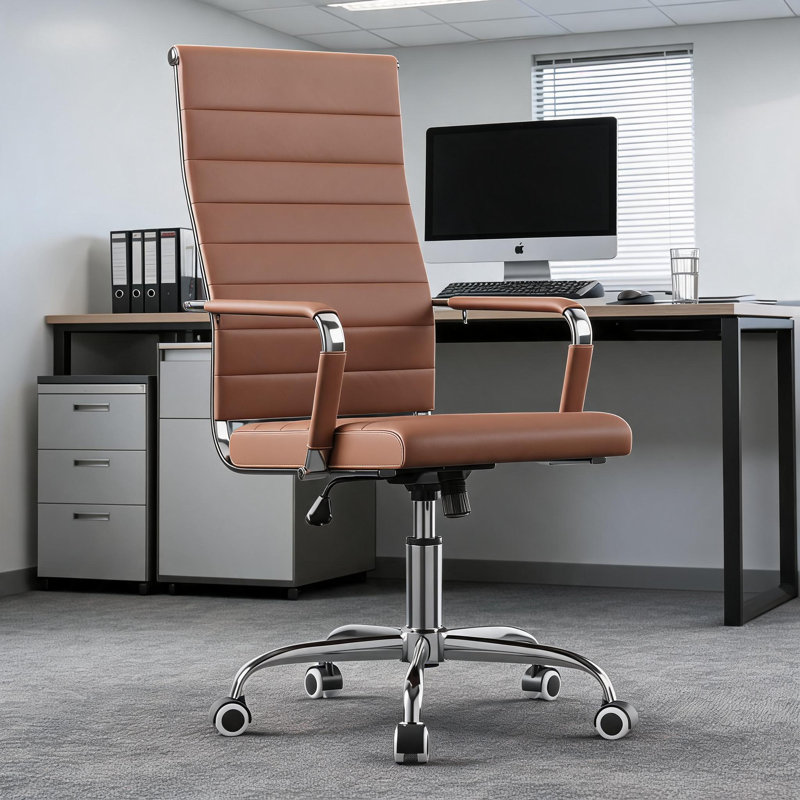 Fauteuil de bureau ergonomique à dossier moyen, siège de conférence en cuir de polyuréthane nervuré avec accoudoirs, siège pivotant réglable pour la maison et le bureau, brun