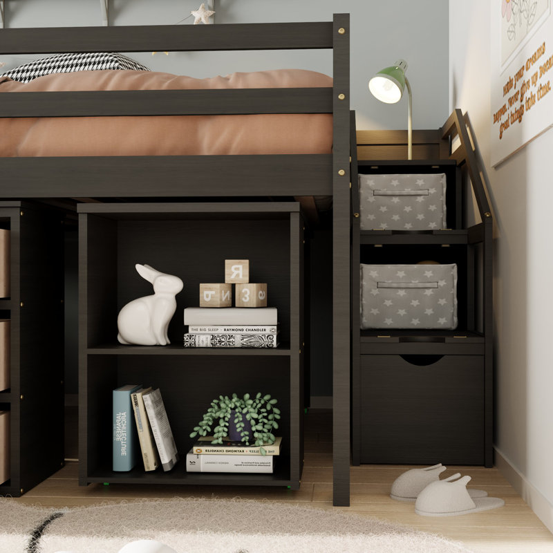Harriell Space-Saving Full Size Loft Bed with Stair Storage, Desk and Extra Drawers and Shelves, Espresso