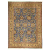 Hand Knotted Wool Oriental Area Rug in Blue And Gold