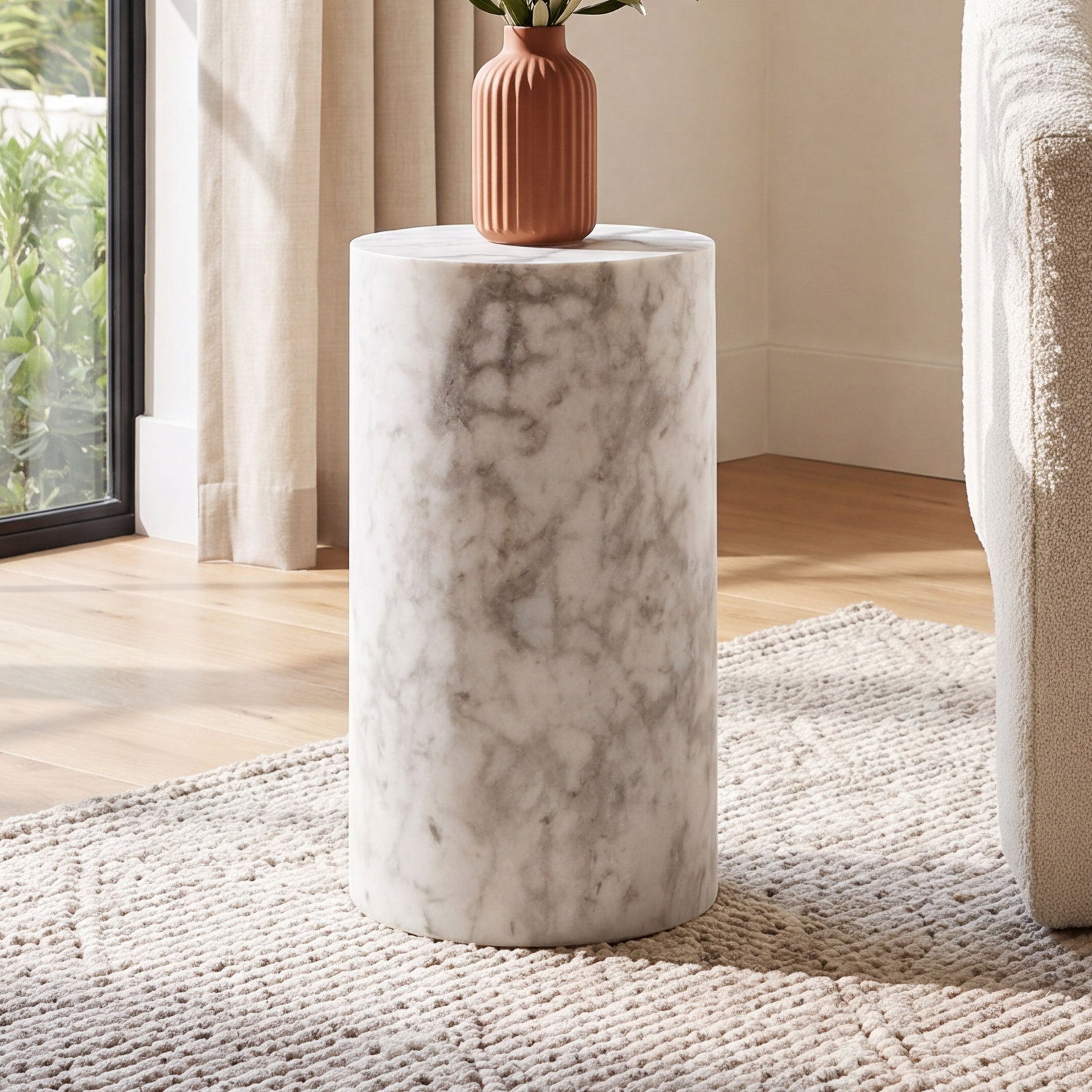 11" Genuine Marble End Table, White