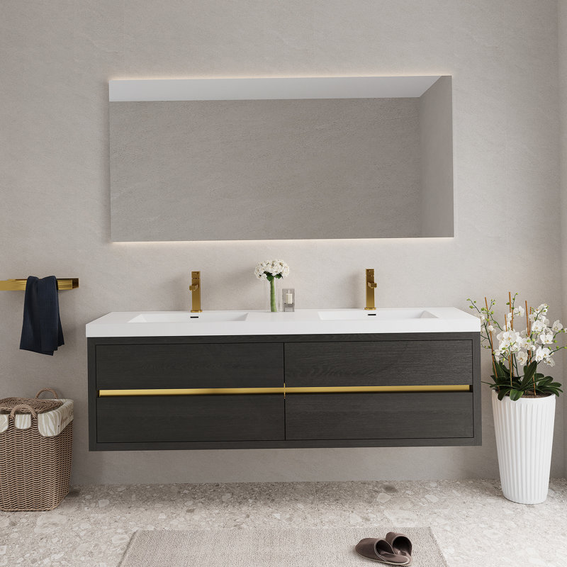 Meuble-lavabo mural avec lavabo, armoire de rangement flottante avec comptoir et tiroirs à fermeture douce, idéal pour l'organisation de la salle de bain
