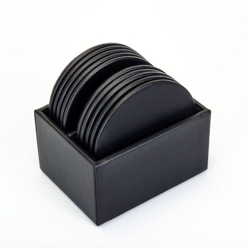 Leather 10 Piece Coaster Set With Holder, Black