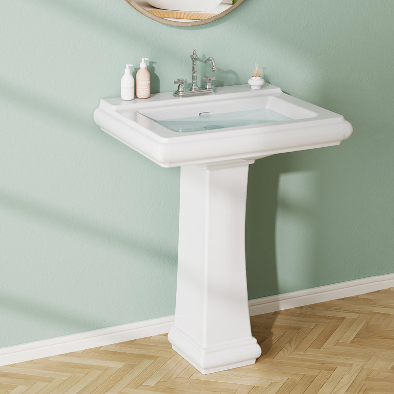 Lavabo de salle de bain rectangulaire sur pied 26 po x 20 po en céramique blanche avec 3 trous de robinet
