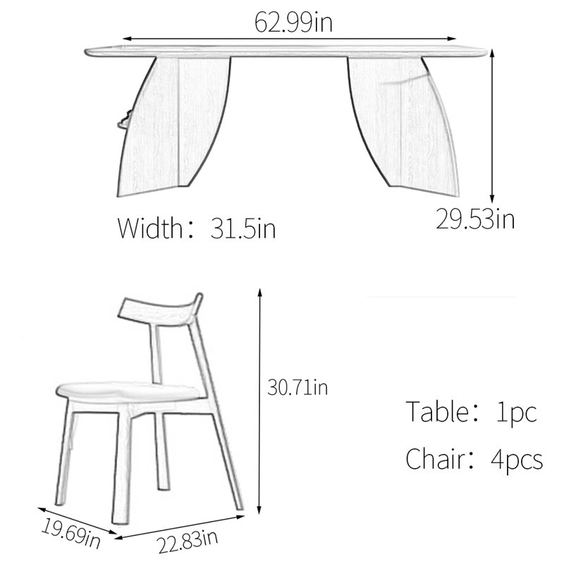 Ensemble de table de salle à manger en frêne, H 29,53 po x L 62,99 po x l 31,5 po