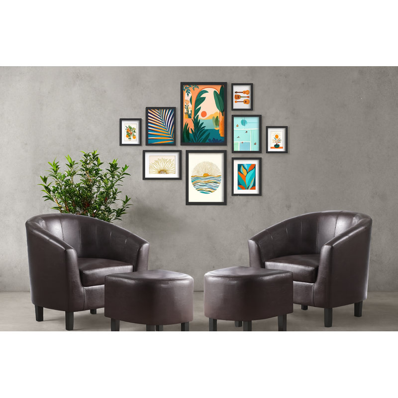 Ensemble de fauteuil demi-tonneau et repose-pieds Wesley en similicuir brun foncé