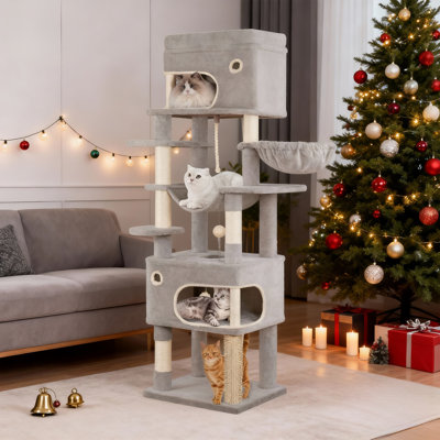 Poteau à griffes pour chat, arbre à chat 70,1 po multicouche avec grande plateforme, 2 grottes, 7 poteaux en sisal, pompons, panier à chat, hamac, gris clair