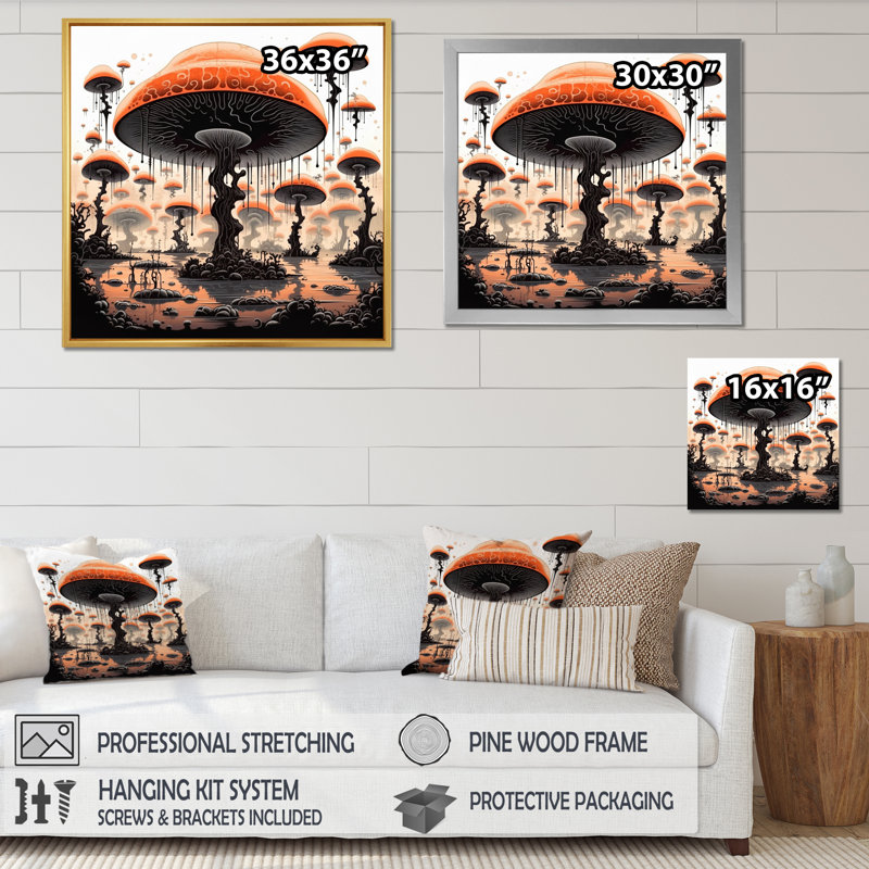 Enigmatique, champignons magiques, Illustration rétro I - impression, H 16 po x l 16 po x P 1 po, Toile tendue