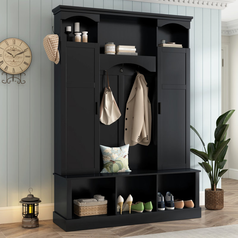 Modern Farmhouse Hall Tree with Storage Bench, Arched Mudroom Organizer, 7 Hooks & Side Cabinets, Black 2