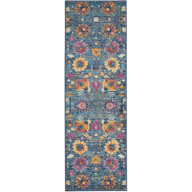 Floral Machine Woven Polypropylene Area Rug in Blue/Pink, Runner 1'10" x 6'