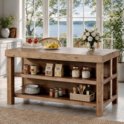 Îlot de cuisine en bois massif de 160 cm, table de préparation de style campagnard à hauteur de comptoir avec 2 étagères de rangement ouvertes, poste de travail rustique en bois pour la cuisine et la salle à manger