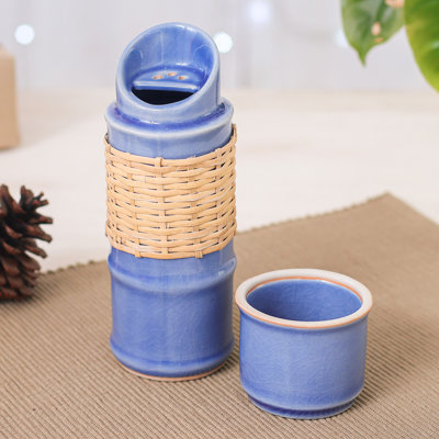 Novica Handmade Bamboo Celadon Ceramic Water Bottle