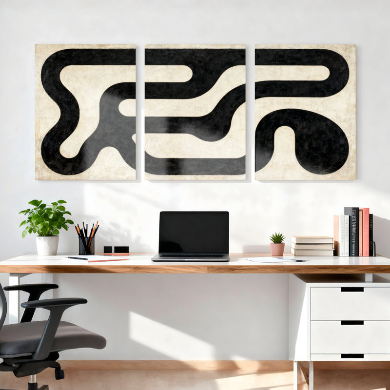 Ensemble de 3 tableaux sur toile à motif vague abstrait noir et crème, H 18 po x l 36 po
