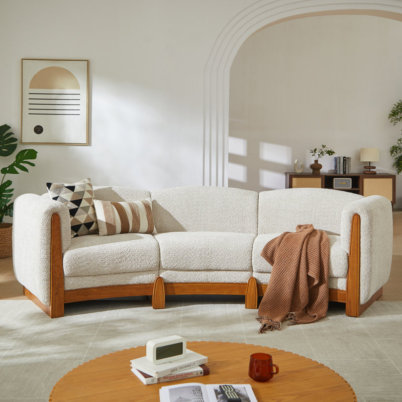 Noura 3-seater Modern Organic Curved Bouclé Upholstered Sofa with Solid Wood Frame, Sesame